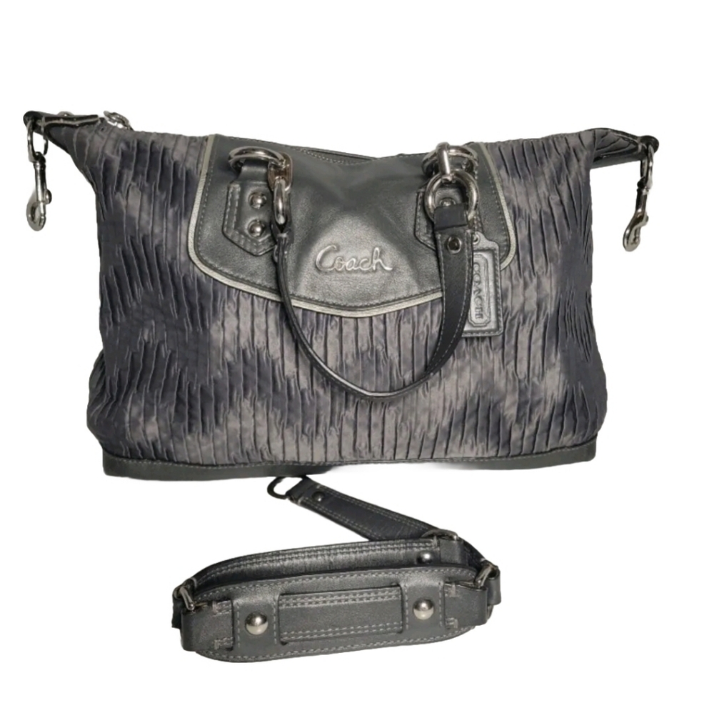 Coach Ashley Pleated Satin Leather Purse Grey Silver Handbag F20084